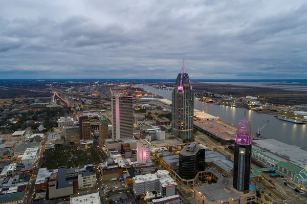 Downtown Mobile Nabrzeże Alabama Zachodzie Słońca Styczniu 2021 — Zdjęcie stockowe