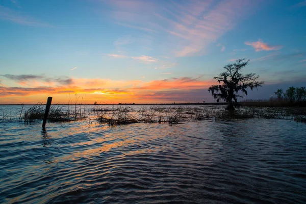 Mobile Bay and Interstate 10 bridge on the Alabama Gulf Coast at sunset in March of 2021