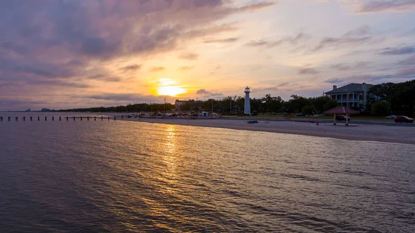 Vista Aérea Costa Golfo Biloxi Mississippi Beira Mar Pôr Sol — Fotografia de Stock