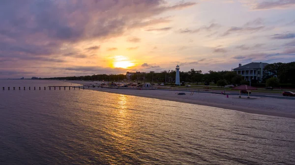 Vista Aérea Costa Golfo Biloxi Mississippi Beira Mar Pôr Sol — Fotografia de Stock