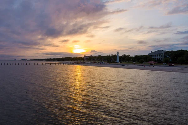 Vista Aérea Costa Golfo Biloxi Mississippi Beira Mar Pôr Sol — Fotografia de Stock