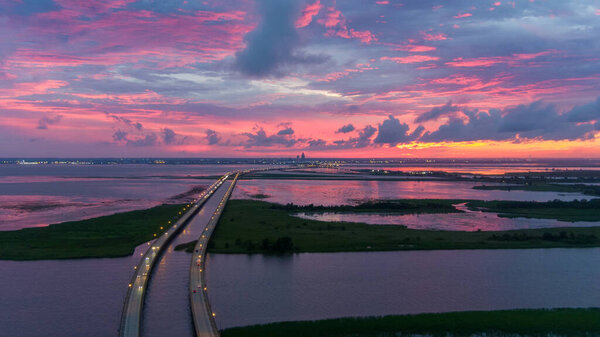 Aerial view of Mobile Bay at sunset in July of 2021 