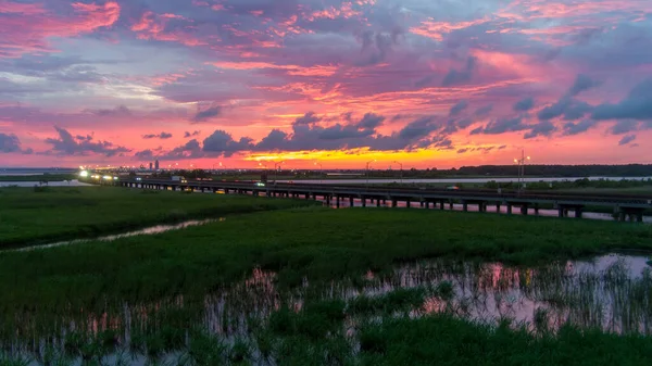 Flygfoto Över Mobile Bay Vid Solnedgången Juli 2021 — Stockfoto