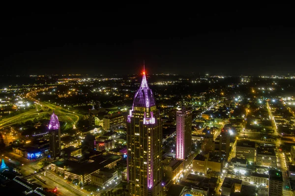 Widok Lotu Ptaka Centrum Mobile Oświetlona Nocy Panorama Miasta Alabama — Zdjęcie stockowe