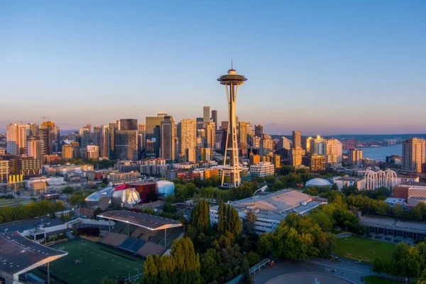 Seattle Centrum Washington Skyline Vid Solnedgången Augusti 2021 — Stockfoto