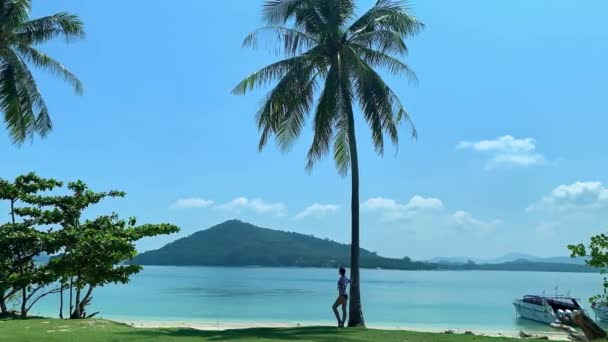 Hermoso paisaje y mujer de pie junto al mar en la isla tropical en el día soleado. — Vídeo de stock