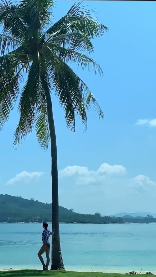 Verticale Giovane donna sta guardando paesaggi naturali sulla riva mentre si viaggia in Thailandia. — Video Stock