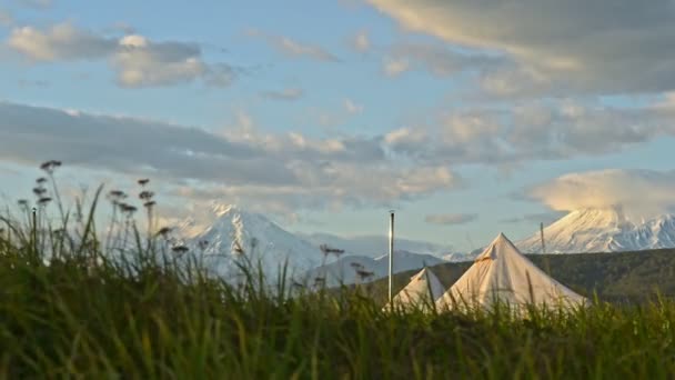 Öko-turisztikai glamping tábor sátrak szántóföldön és hófödte hegyek — Stock videók