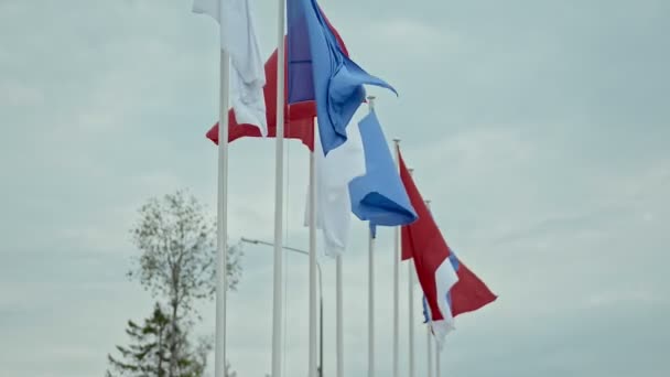 Multicolored flags fluttering in wind under blue sky in city in summe day. — Stock Video