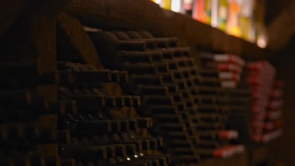 Rastrelliere con raccolta di vini tradizionali in bottiglia in cantina — Video Stock