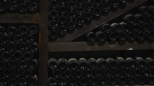 Staré tradice vinařského průmyslu zaprášené lahve na regálech — Stock video