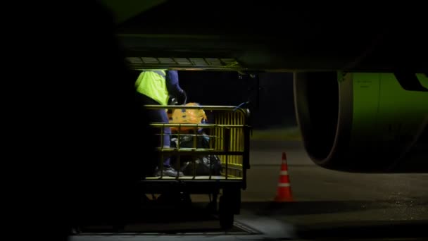 Работники мужского пола грузят багаж в самолет и работают в аэропорту на открытом воздухе. — стоковое видео