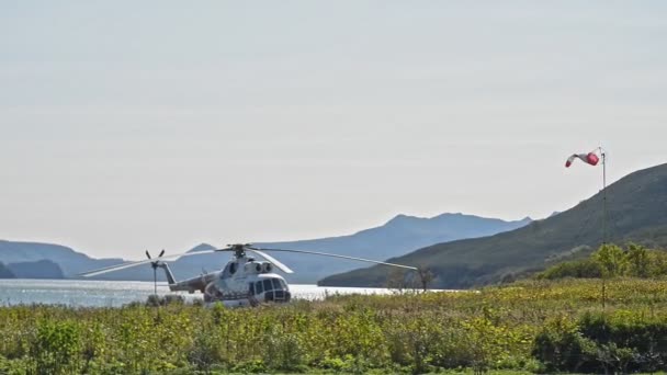 Aeronaves contemporâneas e helicópteros da natureza em campo no lago — Vídeo de Stock