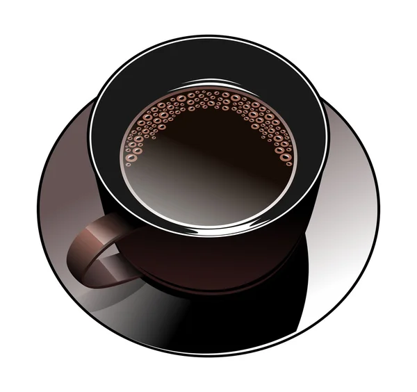 Tasse à café noire avec mousse et soucoupe. Illustration sur blanc — Image vectorielle