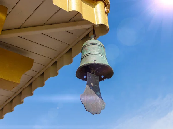 Antique Bronze Bell Hanging Golden Roof Temple Bright Blue Sky — Stock Photo, Image