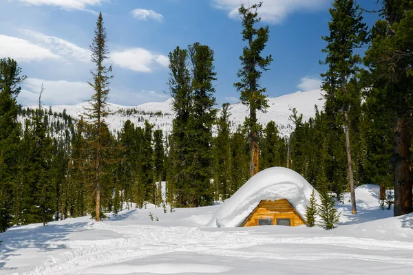 Kış Ormanında Karla Kaplı Ahşap Kulübe Dağlardaki Evin Yarısını Kaplayan — Stok fotoğraf
