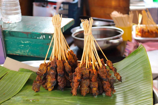 Lok Lok Traditional Street Food Asia Grilled Skewer Banana Leaf — Stock Photo, Image