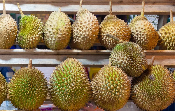 Rows Durian Fruits Jalan Alor Food Street Kuala Lumpur Popular — Stock Photo, Image