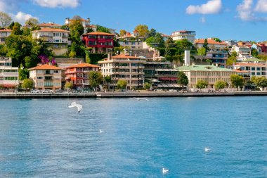 İstanbul 'un girişinin güneşli manzarası İstanbul Boğazı, Türkiye' den yükseliyor. Seyahat broşürleri için arka plan