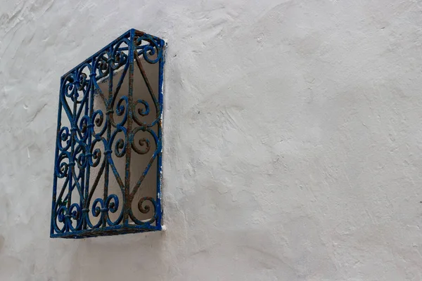 Rusty Blue Grate White Stone Wall House Details North Africa — Stock Photo, Image