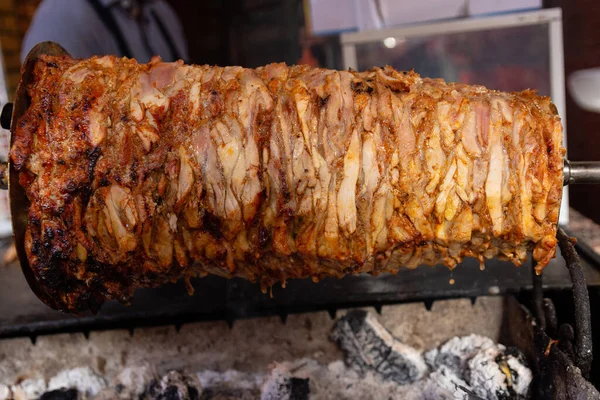 Horizontal Doner Kebab Roasted Rotating Spit — Stock Photo, Image