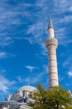 Türkiye 'nin İstanbul kentinde mavi gökyüzüne karşı Minare ve Bayezid 2. Camii Kubbesi