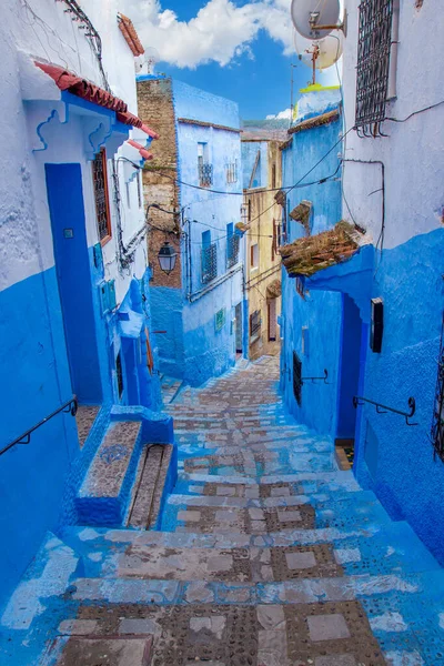 Corsia Stretta Con Gradini Nella Medina Blu Dello Chefchaouen Marocco — Foto Stock