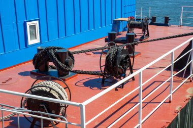 Background with tackle, ropes and bollard on ship