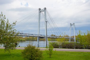 Foot Vinogradovsky 'cable-stayed' bridge through the Yenisei river on Tatyshev island in Krasnoyarsk, Russia
