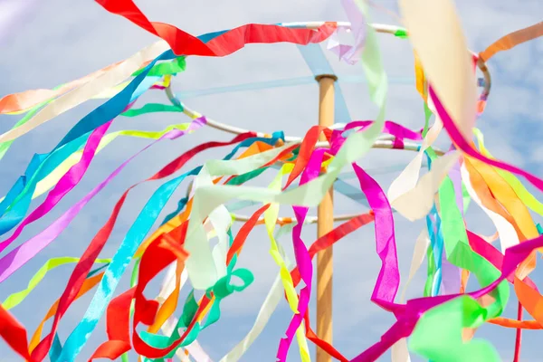 Fluttering Colored Satin Ribbons Maypole Sky Background Celebrating Summer Solstice — Stock Photo, Image