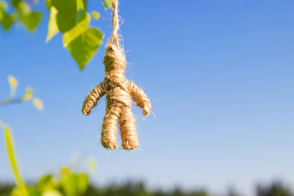 Homemade Amulet Doll Made Twine Hanging Blue Sky Background Traditional — Stok fotoğraf