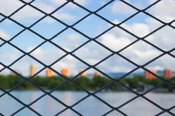 Close Grey Metal Mesh Rhombus Pattern Blurred Background — Stok fotoğraf