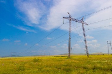 Mavi gökyüzündeki yaz alanı üzerinde yüksek voltajlı elektrik hatları. Elektrik direkleri yeşil bir çayırdan geçiyor. Yaz bozkır kırları