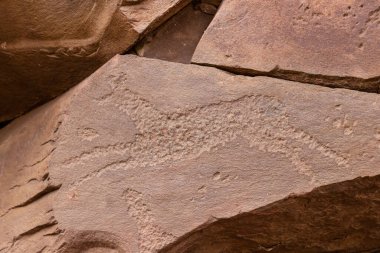 Rusya 'nın başkenti Hakassia' da Sunduki 'deki kayalıklarda bulunan antik petroglifler. Devonian kumtaşı üzerine Geyik ya da At 'ın sembolik oymaları. Taş üzerine ilkel sanat çizimleri