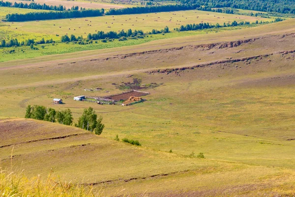 Widok Lotu Ptaka Zielone Wzgórza Khakassia Letni Dzień Ogrodzony Zagroda — Zdjęcie stockowe