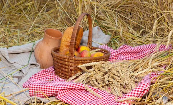 Kosz Piknikowy Chlebem Pszennym Jabłkami Glinianym Garnkiem Czerwono Białej Serwetce — Zdjęcie stockowe