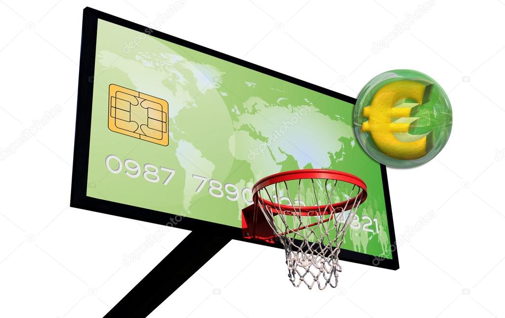 Credit card on a basketball panel with a euro 3d in a green chrome sphere