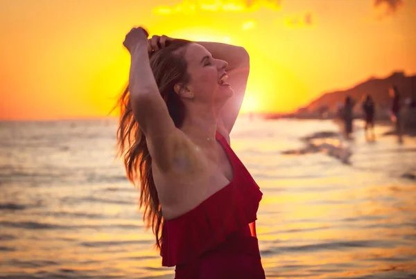 Carefree Woman Red Swimsuit Dancing Sunset Beach Mature Woman Relaxation — Stock Photo, Image