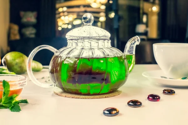 Matcha Green Tea Lime Fresh Mint Physalis Cafe Background — Stock Photo, Image