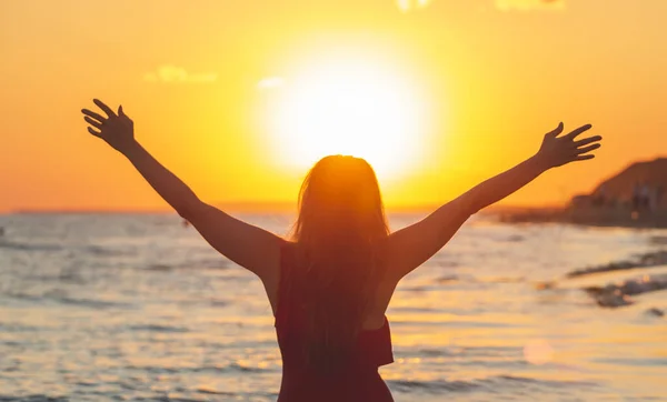 Black Silhouette Woman Swimsuit Background Ocean Happy Young Woman Sea — Stock Photo, Image