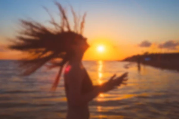 Beautiful Girl Long Hair Costs Sea Sunset Sun Copy Space — Stock Photo, Image