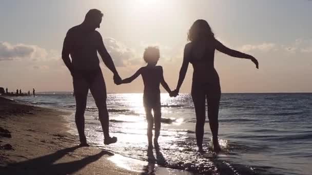 Kişilik Aile Gün Batımında Sahilde Yürüyor — Stok video