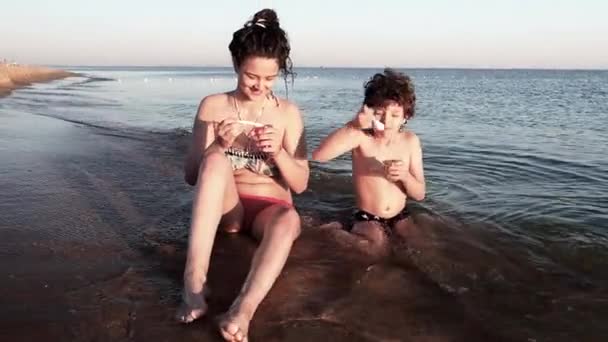 Happy Dark Haired Sister Little Brother Swimwear Having Picnic Summer — Stock Video