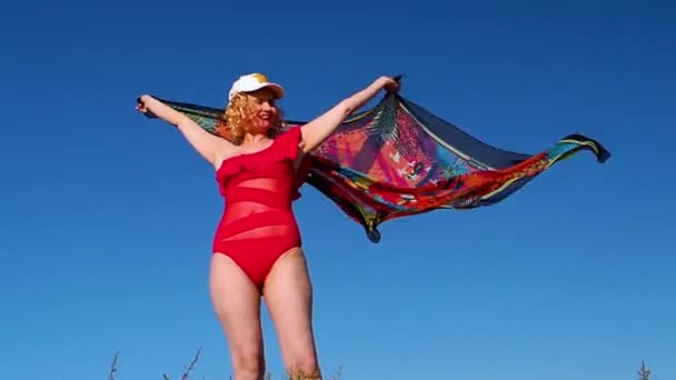 Beautiful Cheerful Blonde Woman Holding Scarf Beach Middle Aged Woman — Stock Video