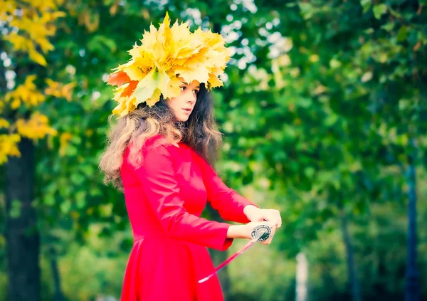 Schattig Brunette Meisje Met Rode Jurk Gele Bladkrans Met Een — Stockfoto