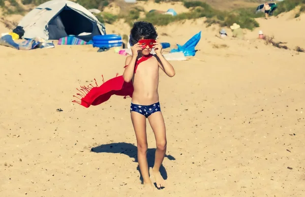 Little Year Old Child Superhero Red Cloak Glasses Boy Superhero — Stock Photo, Image