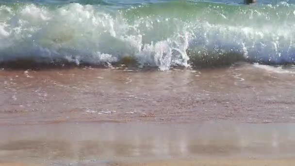 テキストスペース 白い砂のビーチの背景として砂のビーチに小さな波 柔らかい波 スローモーション — ストック動画