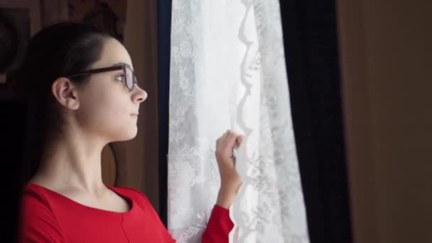 Young Attractive Brunette Girl Eyeglasses Looking Window — Stock Video