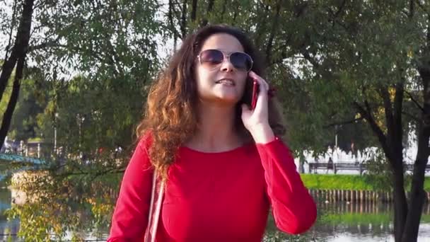 Elegante Dame Rode Jurk Argumenteren Telefoon Het Park — Stockvideo