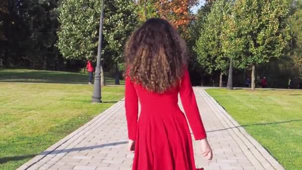 Senhora Elegante Vestido Vermelho Andando Parque Vista Traseira — Vídeo de Stock